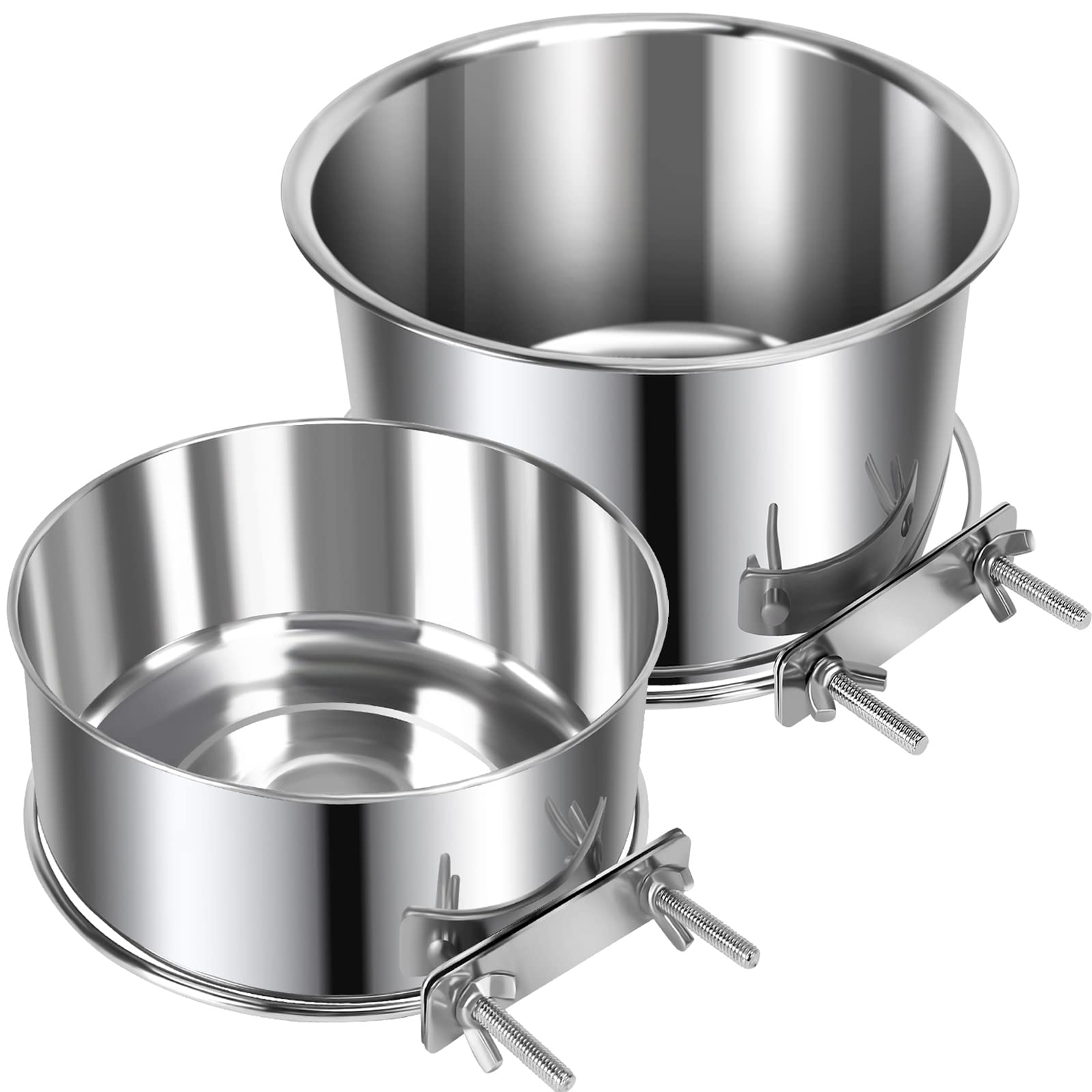 View 1 of 2 Pcs Large Pet Dog Food Water Bowl for Cage Stainless Steel Non-Spill Kennel Hanging Cats Bowls with Clamp Holder Crate Feeder Dish for Medium Large Dogs Huge Pets (7.1x3.5'' & 6.3x2.6'')