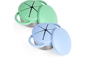 DAXIMO 2 Pack Snack Cups for Toddlers Spill Proof - Detachable Stainless Steel Toddler Snack Cups with Silicone Lids & Handles - Dishwasher Safe Baby Snack Containers for Mess-Free Snacking (Blue and Green)