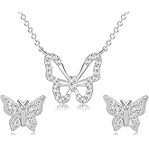 Juicfru Butterfly Jewelry Set for Women, White Gold Tone Necklace and Stud Earrings Set with Cubic Zirconia, Hypoallergenic Wedding Jewellery Set Costume Jewelry