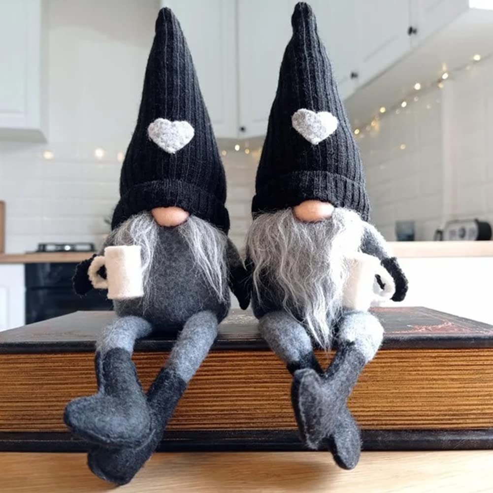 JstDoit 2 Pcs Gonk Gnomes Plush Bar Decor, Handmade Swedish Tomte Gnomes Gifts Farmhouse Scandinavian Figurine for Home Kitchen Coffee Station Table Shelf Decor (Black)