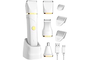 AREYZIN Bikini Trimmer for Women Painless Electric Razor for Women,3 in 1 Pubic Hair Trimmer,USB Recharge Dock,Replaceable Ceramic Blade Heads,IPX7,White