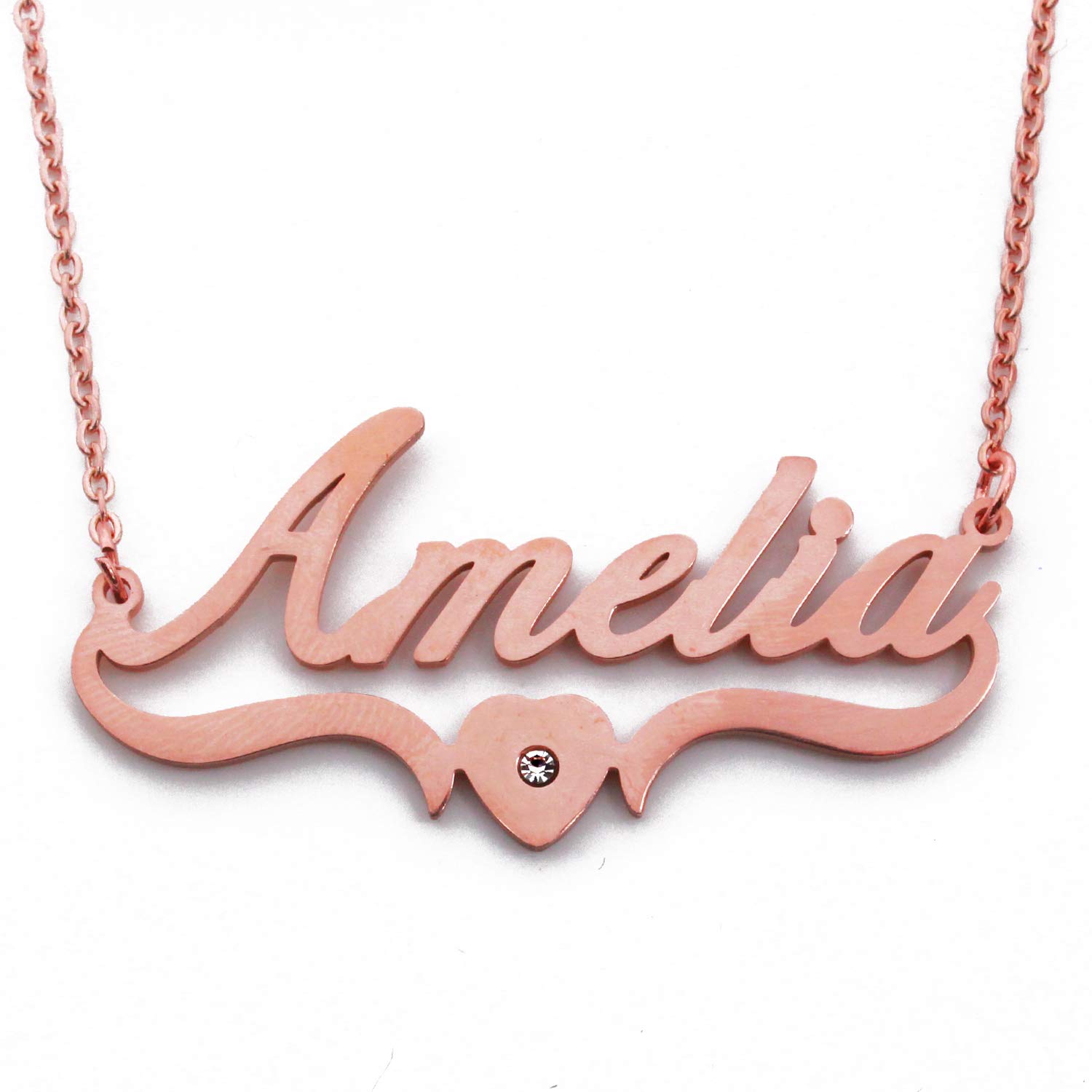 Kigu Amelia Name Necklace Heart Shaped Personalised Rose Gold Plated, Custom Dainty Name Pendants, Jewellery for Ladies, Girlfriend, Mother, Sister, Friends Inc Bag & Box