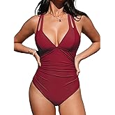 CUPSHE Women's One Piece Swimsuit Tummy Control Deep V Neck Double Straps Crisscross Back Tie Bathing Suit