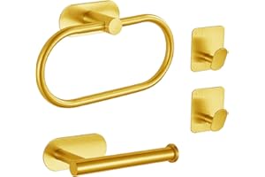Self-Adhesive Bathroom Hardware Set, Towel Ring, Toilet Paper Holder and 2 Towel Hooks for Kitchen/Bathroom, No-Drilling Stai