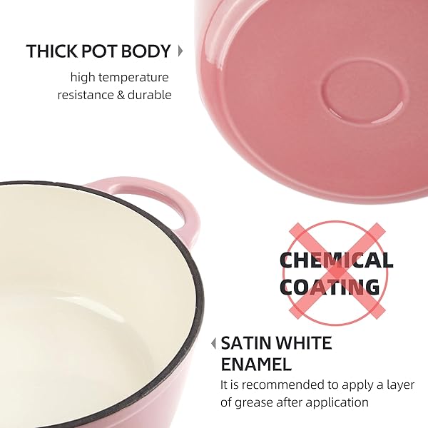 3 QUART DUTCH OVEN ENAMELED CAST IRON WITH LID – BIG DUAL HANDLES – OVEN SAFE UP TO 500°F – CLASSIC ROUND POT FOR VERSATILE COOKING PINK