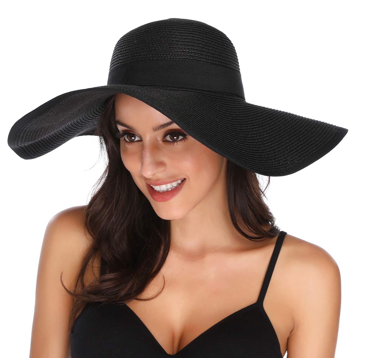 Lanzom Womens Sun Straw Hat Wide Brim Summer Hat Foldable Roll up Large Floppy Beach Hats, Style C-black, One Size