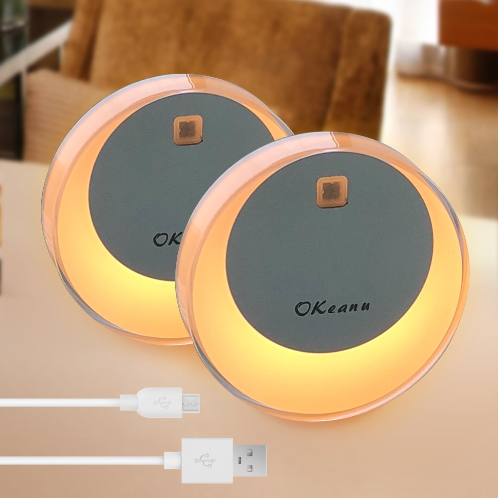 Motion Sensor Cabinet Led Light, Okeanu 3 Modes 14 LED Rechargeable Motion Sensor LED Night Light with USB Cable Auto On/Off, Cordless Wall Lights, Step Lights for Closet, Stairs, Bedroom (Yellow)