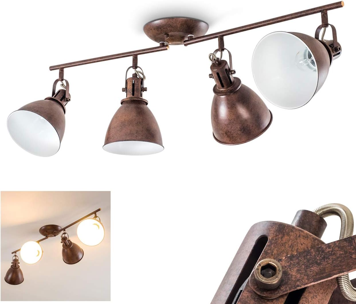 Ceiling Light Koppom, Ceiling spotlights Metal in rustbrown, 4 Spots Individually Adjustable, with E14 sockets (40 Watts), Vintage Appeal
