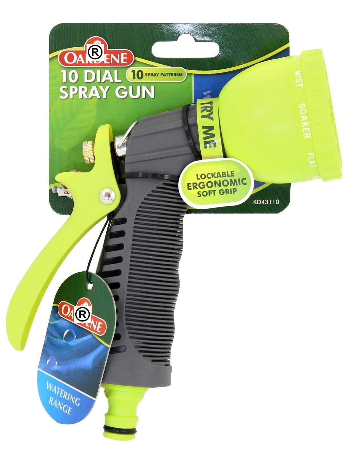 Oakdene Multi Function 10 Dial Ergonomic Rubber Soft Grip Garden Hose Gun | Locking Trigger & Universal Connector | Spray Modes: Jet, Mist, Full, Flat, Angle, Shower. Fan, Cone, Centre and Soaker