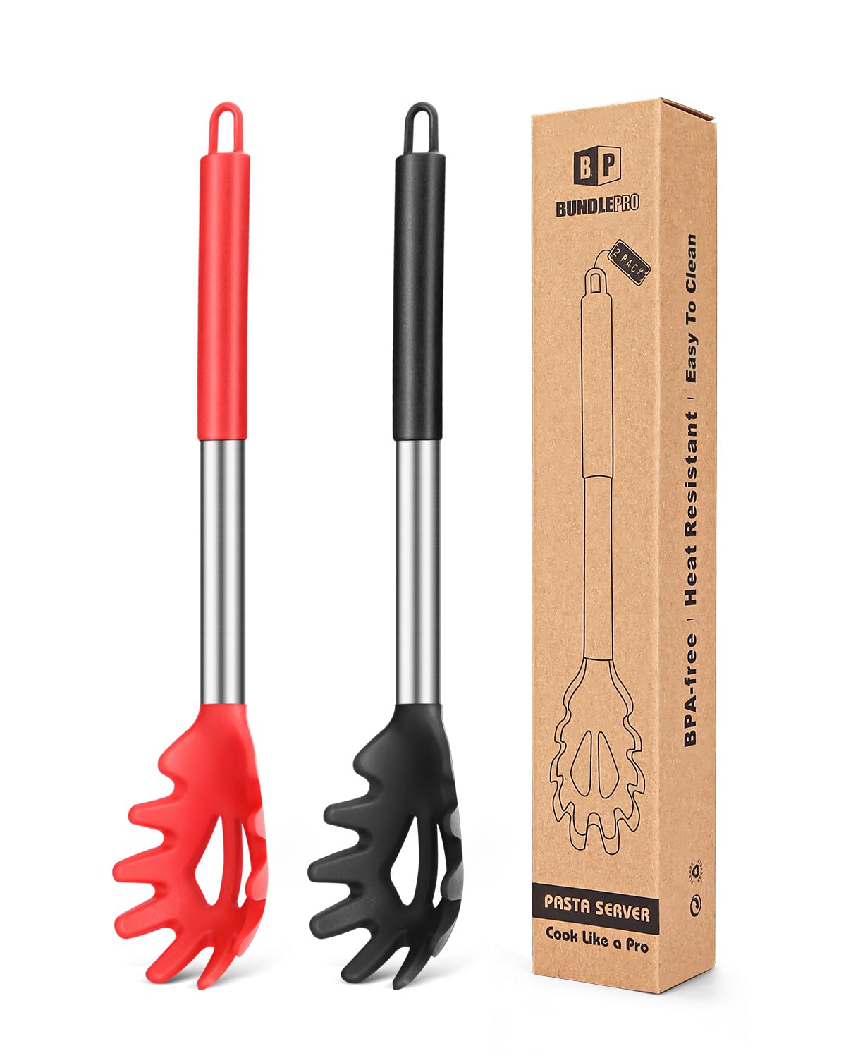 Pack of 2 Silicone Pasta Fork, Kitchen Heat Resistant Noodle Spoon Server, BPA Free Spaghetti Strainer,Best Cooking Tools (FB-109-BR)