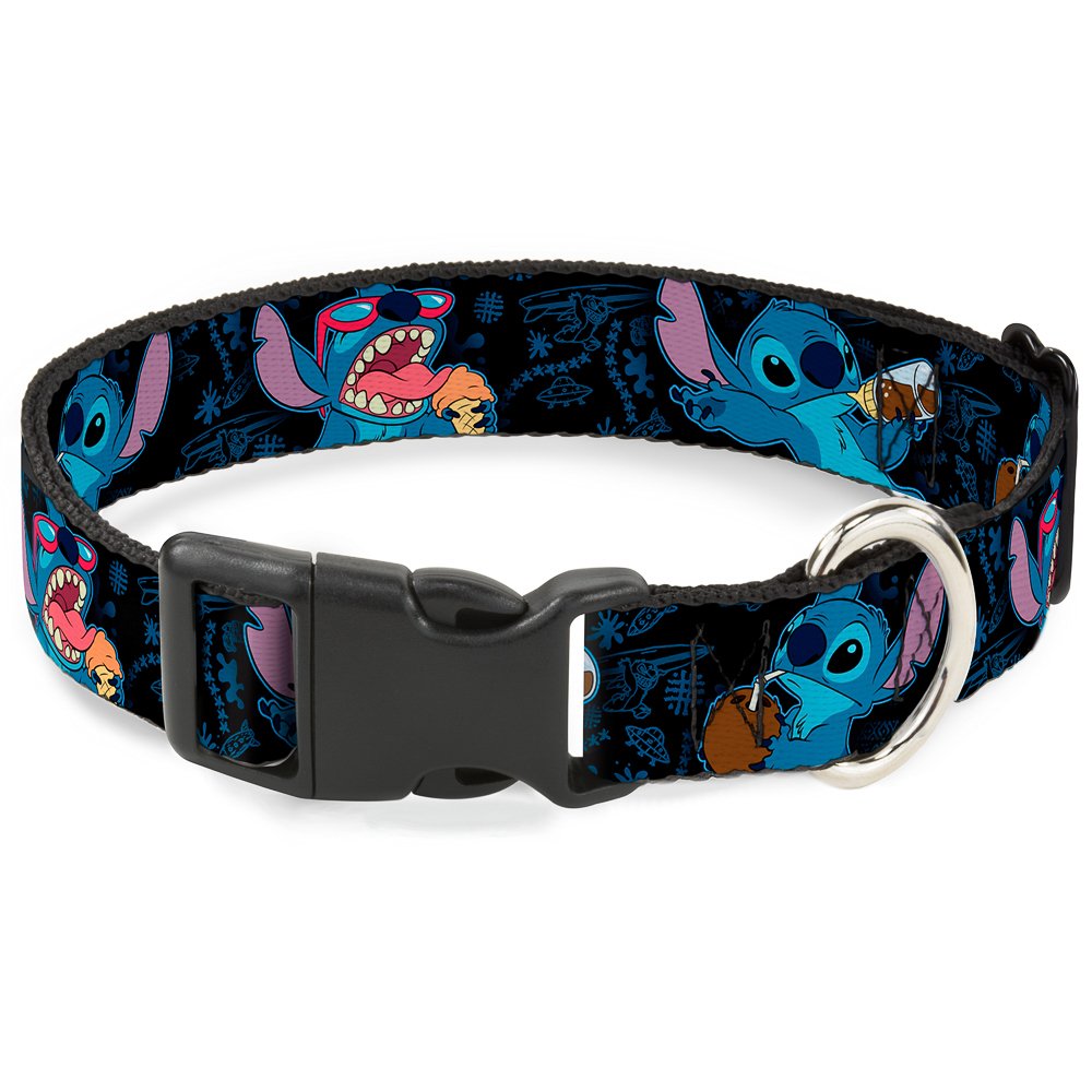 Buckle-Down Stitch Snacking Poses Black/Blue Plastic Clip Collar, Medium/11-17"