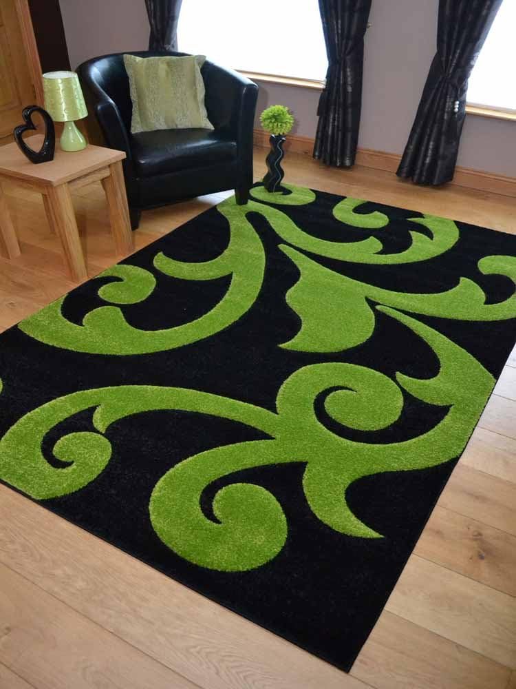Finike Black Green Modern Hand Carved Thick Soft Rug. Available In 6