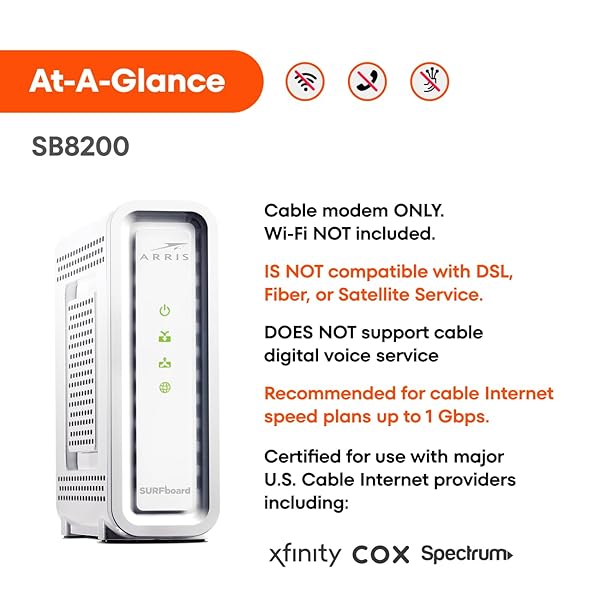 ARRIS (SB8200) – CABLE MODEM – FAST DOCSIS 3.1 32X8 GIGABIT CABLE MODEM , APPROVED FOR COMCAST XFINITY, COX, CHARTER SPECTRUM, & MORE | 1 GBPS MAX INTERNET SPEED, 4 OFDM CHANNELS