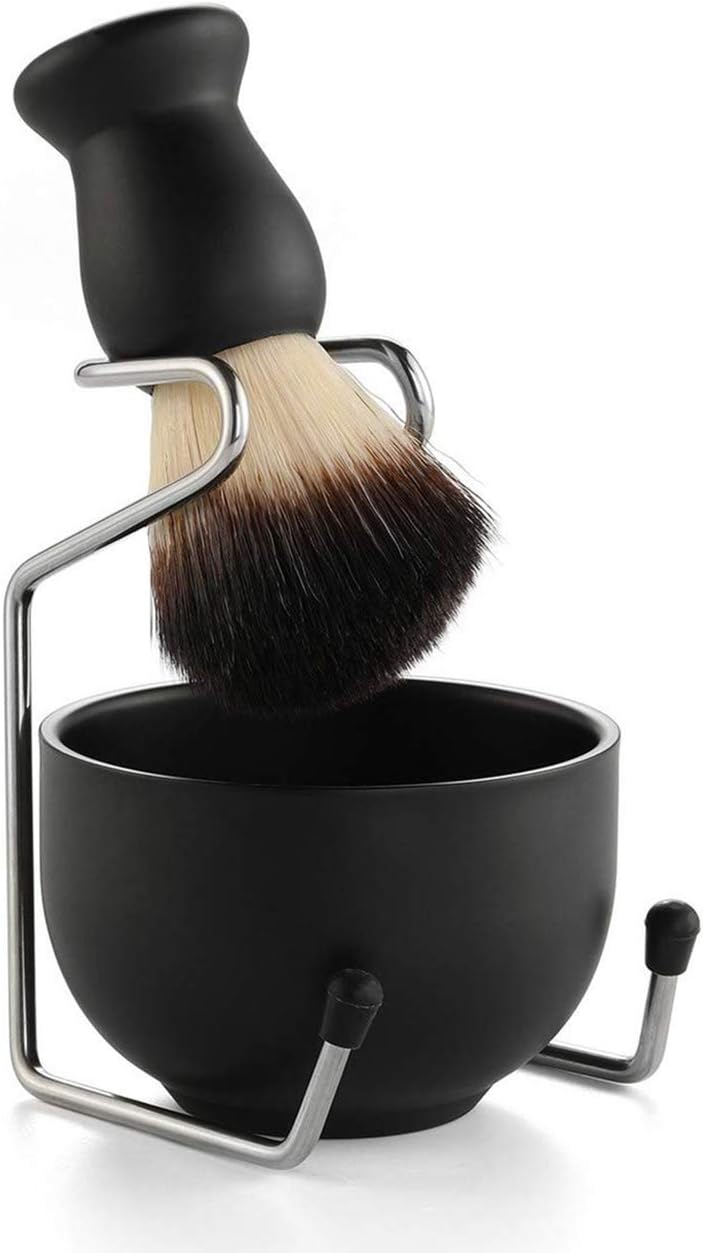 Men's Shaving Set, Stainless Steel Shaving Razor&Brush Holder Soap Bowl Mug Badger Hair Beard Brush, Wet Shaving Kit - 3 Pieces (Black)