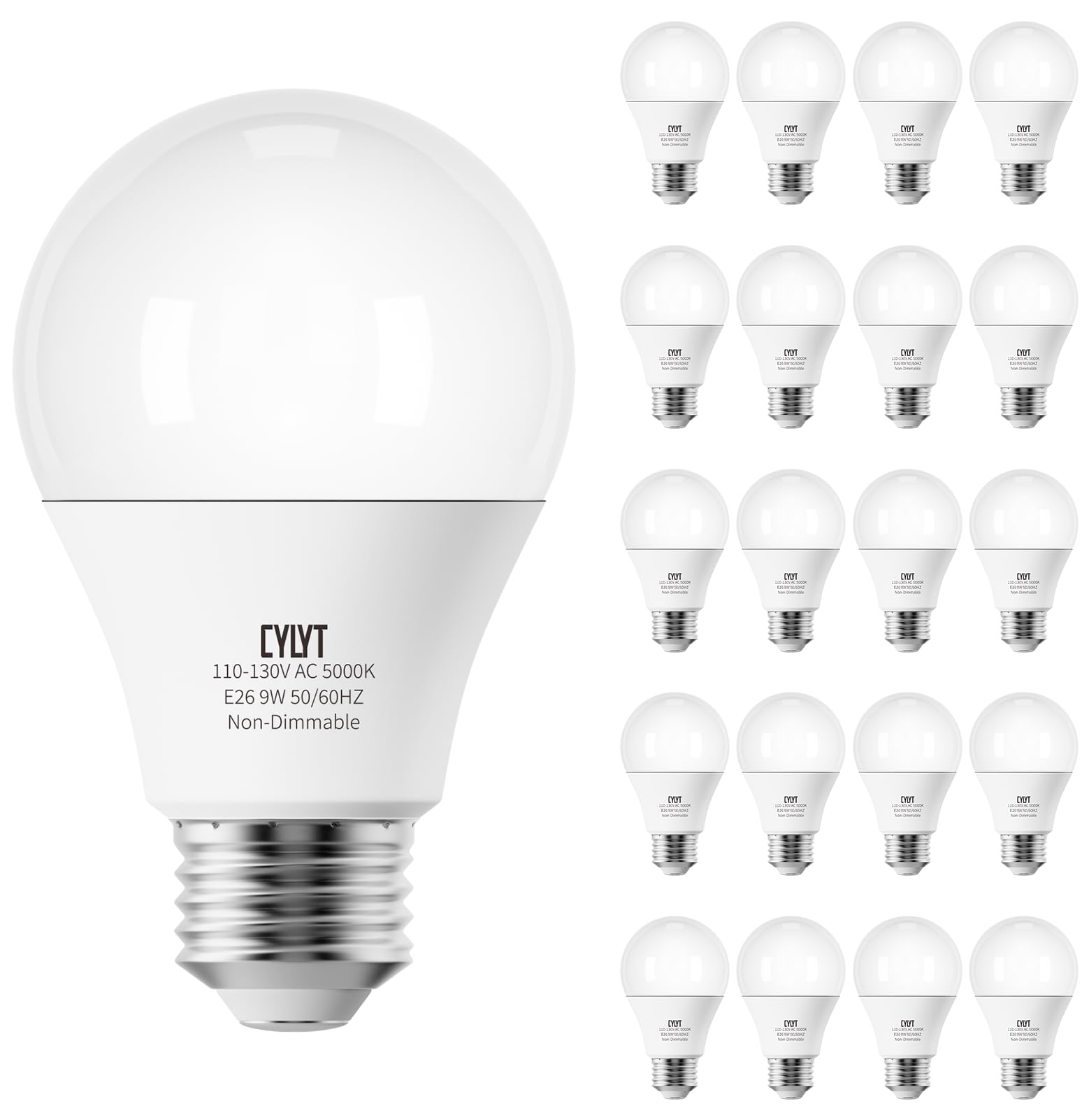 CYLYT 20-Pack Bright LED Light Bulbs 100W Equivalent, Daylight White 5000K A19 Lightbulbs, Focos LED para Casa, for Kitchen Bedroom Indoor Outdoor, 1500 Lumens, E26 Standard Base, Non-Dimmable Image