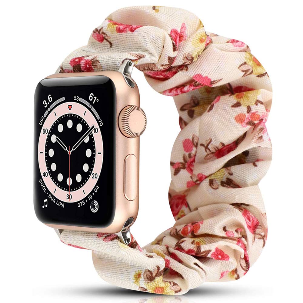 Miimall Compatible with Apple Watch 40mm/38mm Scrunchie Strap, iWatch Elastic Wristband Printed Pattern Comfortable Fabric Bracelet for Apple Watch 5/4/3/2/1 - Pink Flower