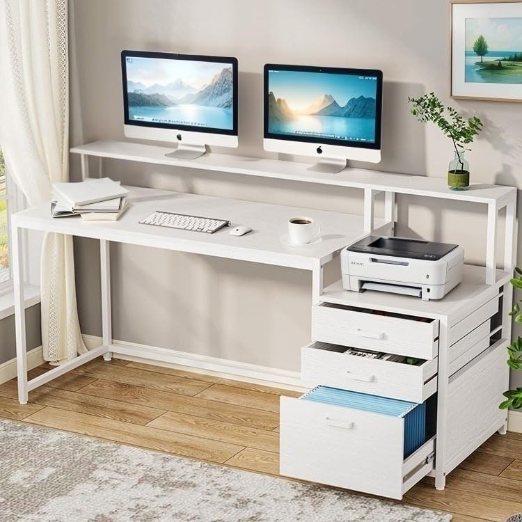 KINTOP Escritorio Oficina con 3 Cajones, Soporte para 3 Monitores, Estructura de Madera Resistente, 160 Lar. x 50 ANC. ×90 Alt. CM, Escritorio para computadora Multiusos para Hogar Pequeño (Blanco)