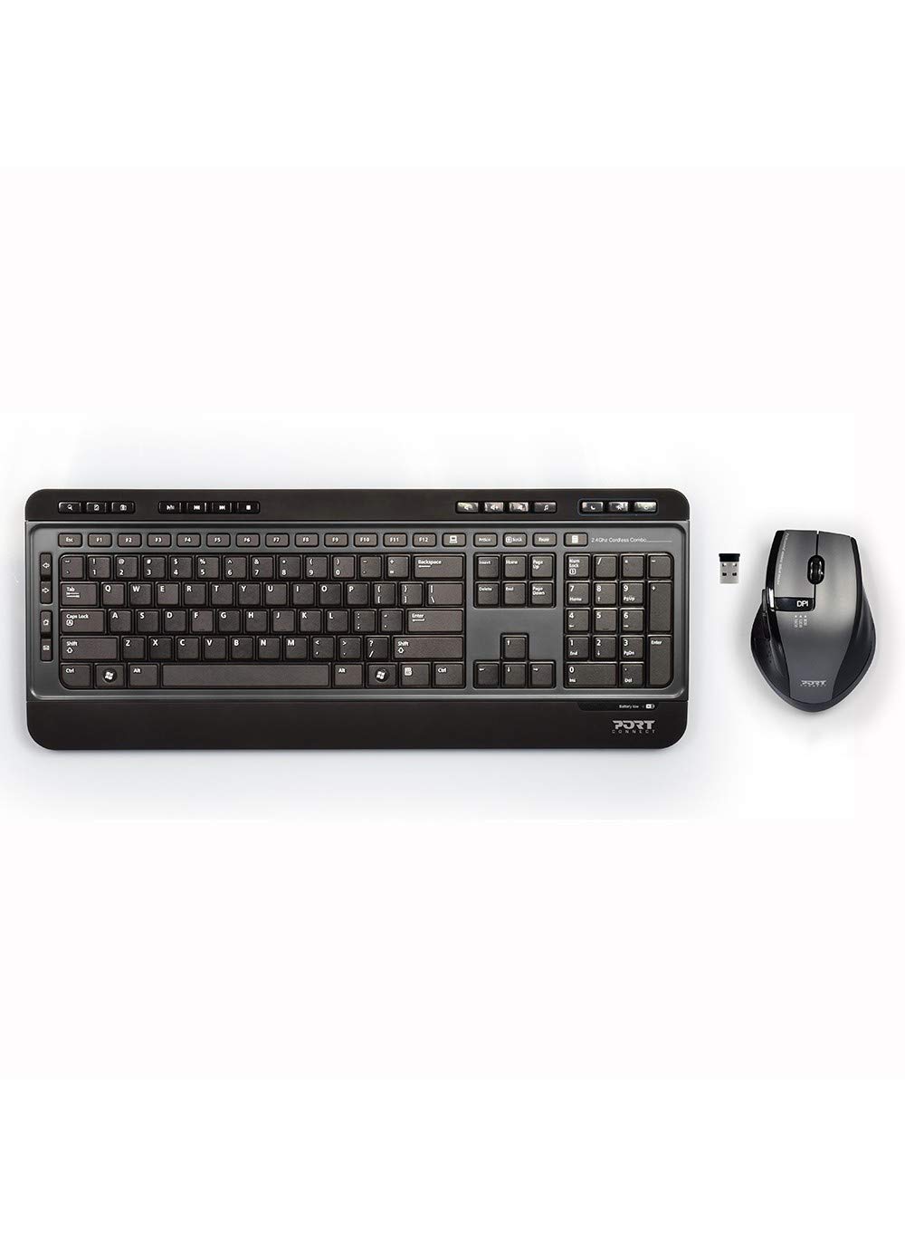 Port Connect Silent Wireless Keyboard and Mouse Set, 5 Button Mouse with adjustable Optical Sensor, Keyboard with 20 Multimedia keys