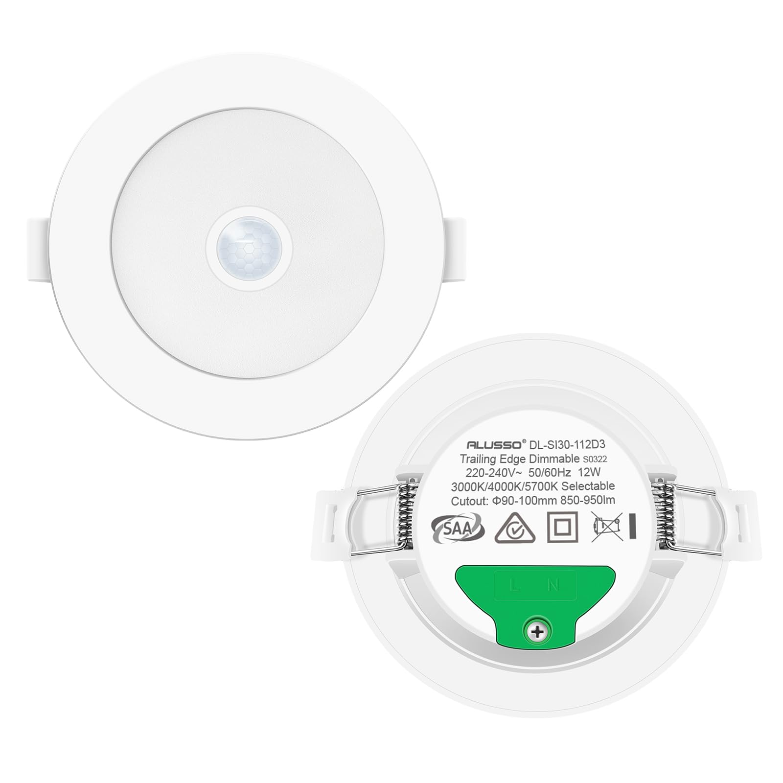 ALUSSO LED Downlights Ceiling Motion Sensor LED Recessed Ceiling Lights 12W IP44 PIR Spotlights Ceiling Lights, 3000K 4000K 6500K Adjustable Ceiling Spot Lights, 2 Pack