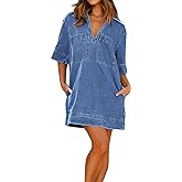 loveimgs Womens Summer Casual Denim Dress Short Sleeve V Neck Distressed Jean Dresses Mini Shirt Dress