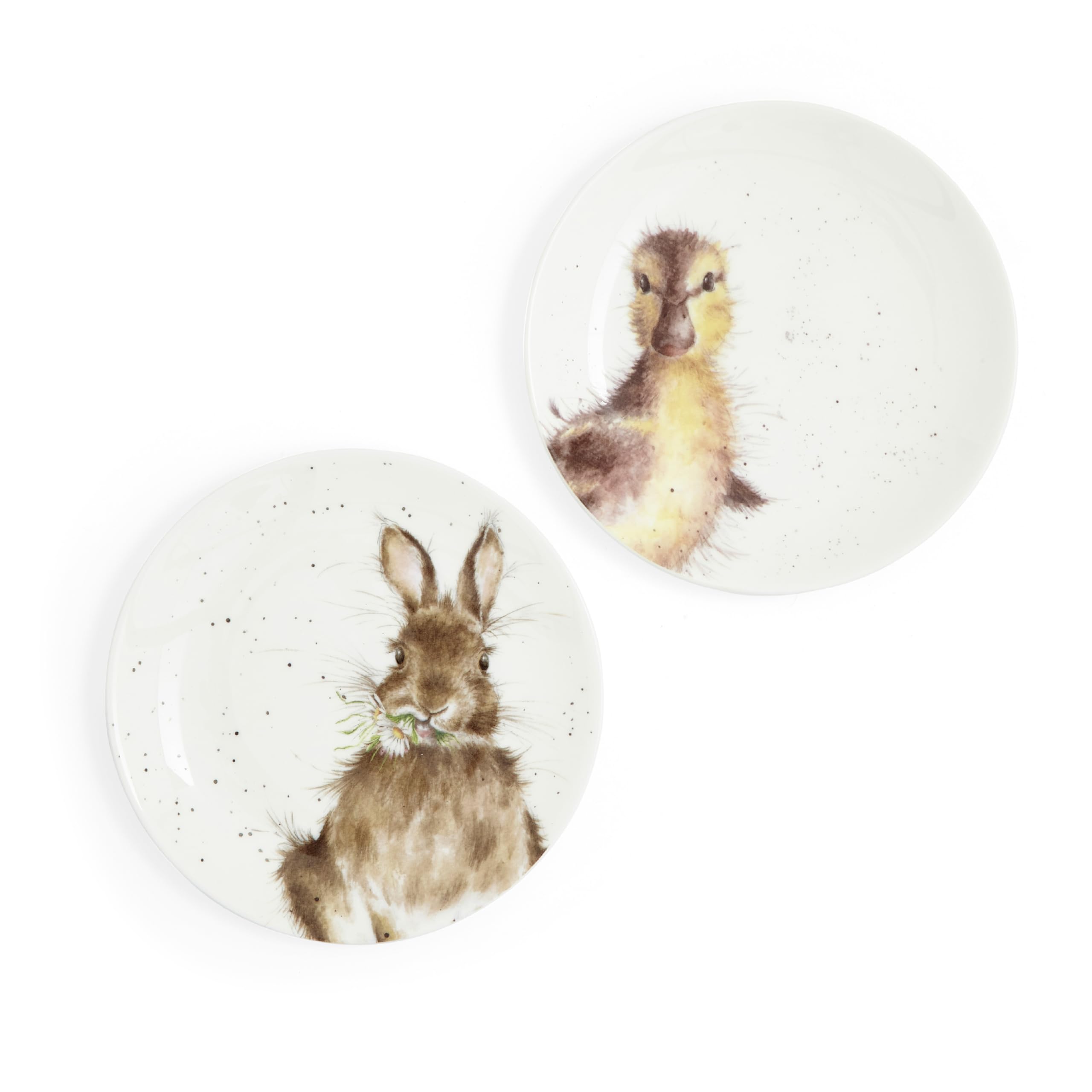 Royal Worcester x Wrendale Designs Set of 2 Coupe Plates - White Fine Bone China Tea Coupe Plates Featuring Duck & Bunny Designs by Artist Hannah Dale, Dishwasher & Microwave Safe, 16.5cm