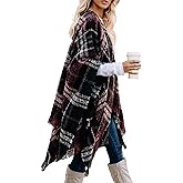 Bestshe Women's Boho Open Front Poncho Knitted Plaid Shawl Wrap Cape Tassel Cardigan Sweater