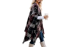 Bestshe Women's Boho Open Front Poncho Knitted Plaid Shawl Wrap Cape Tassel Cardigan Sweater