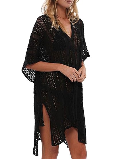 Women Cover Ups Swimwear Pure V Neck Crochet Hollow Out Tassels Cover Beach Bikini Swimsuit
