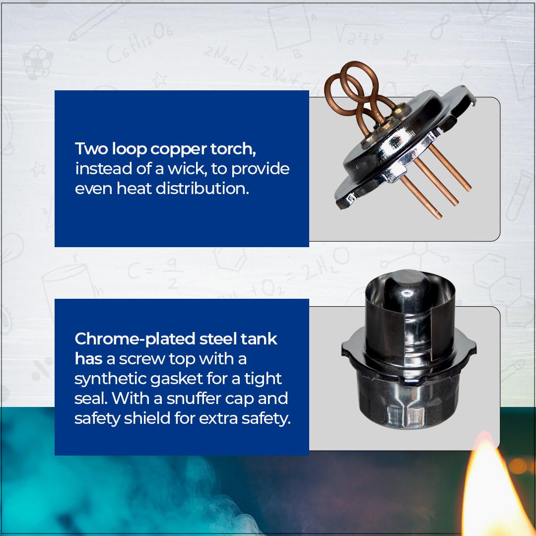 GSC International 42002 Premium 42002 Dual Wick Alcohol Burner, 100 mL Capacity, Durable Metal Build in Silver/Bronze – Reliable Lab & Home Use Heating Tool