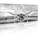 3 Panels Highland Cow Wall Art Modern Black and White Pictures Longhorn Wall Decor Artwork Animal Cow Posters Canvas Prints Painting Living Room Bedroom Home Office Decoration, Framed 12