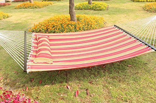 Best Sunshine Hammock Quilted Fabric with Pillow for Two Person, Double Size Spreader Bar Heavy Duty Stylish for Outdoor Garden Patio, 450lbs Capacity (red) - Thumbnail 6
