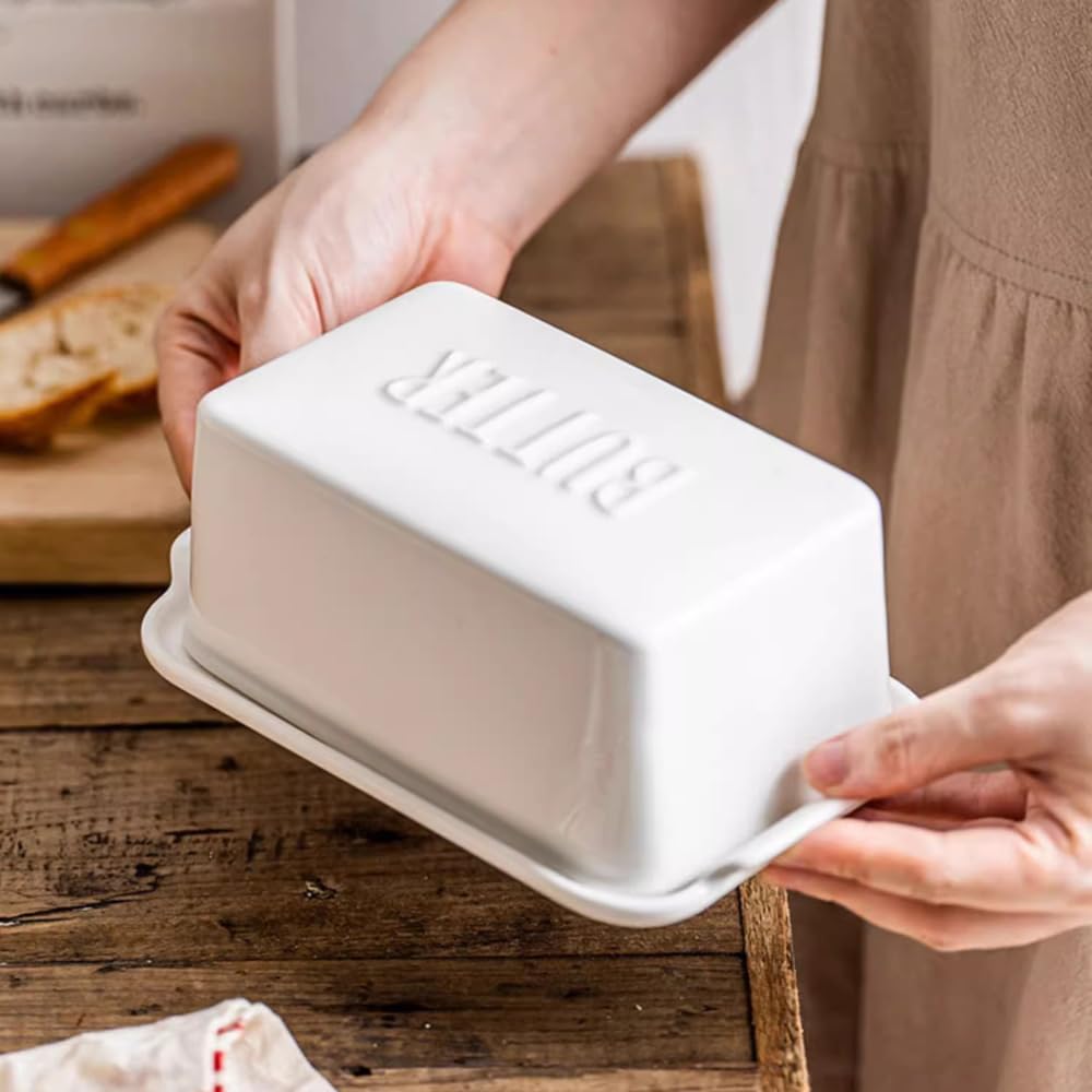 Porcelain Covered Butter Dish with Lid for Countertop Butter Holder Container for One Stick of Butter. Textured Tray Butter Keeper for Non Slip Storage-Porcelain,White