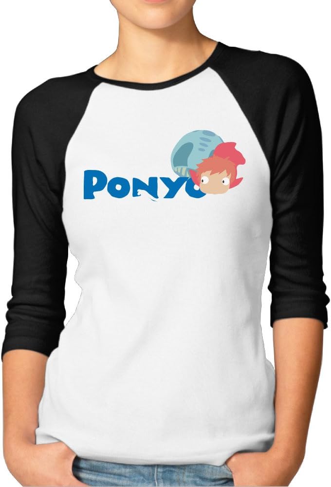 Kim Lennon Ponyo Cartoon Logo Women 3/4 Sleeve Raglan T-shirt Black
