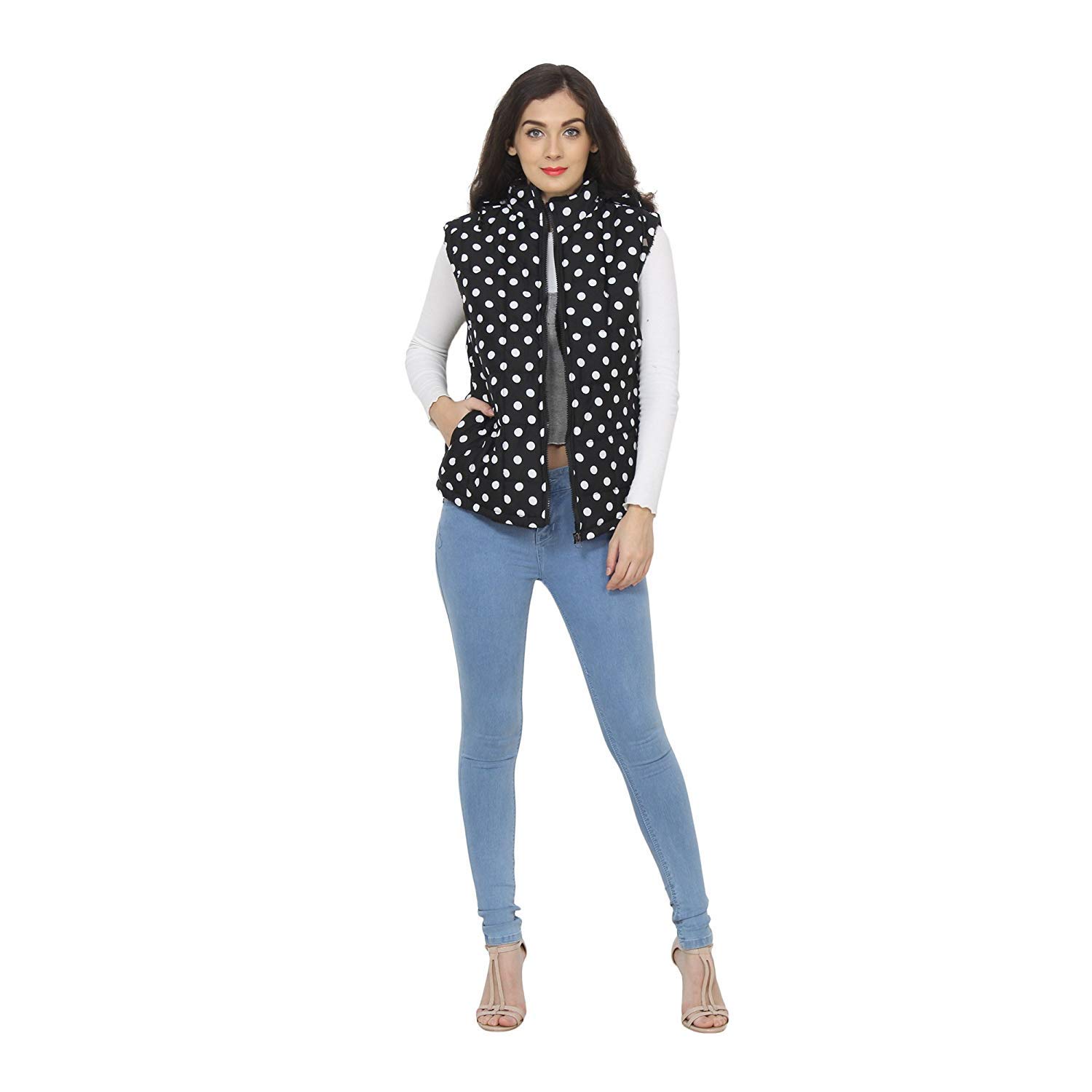 my swag women's polka dot crepe sleeveless quilted hooded jacket