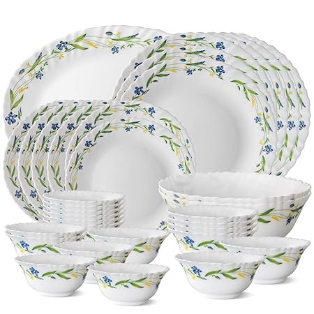 Larah by Borosil Cripper Opalware Dinner Set, 33-Pieces, White