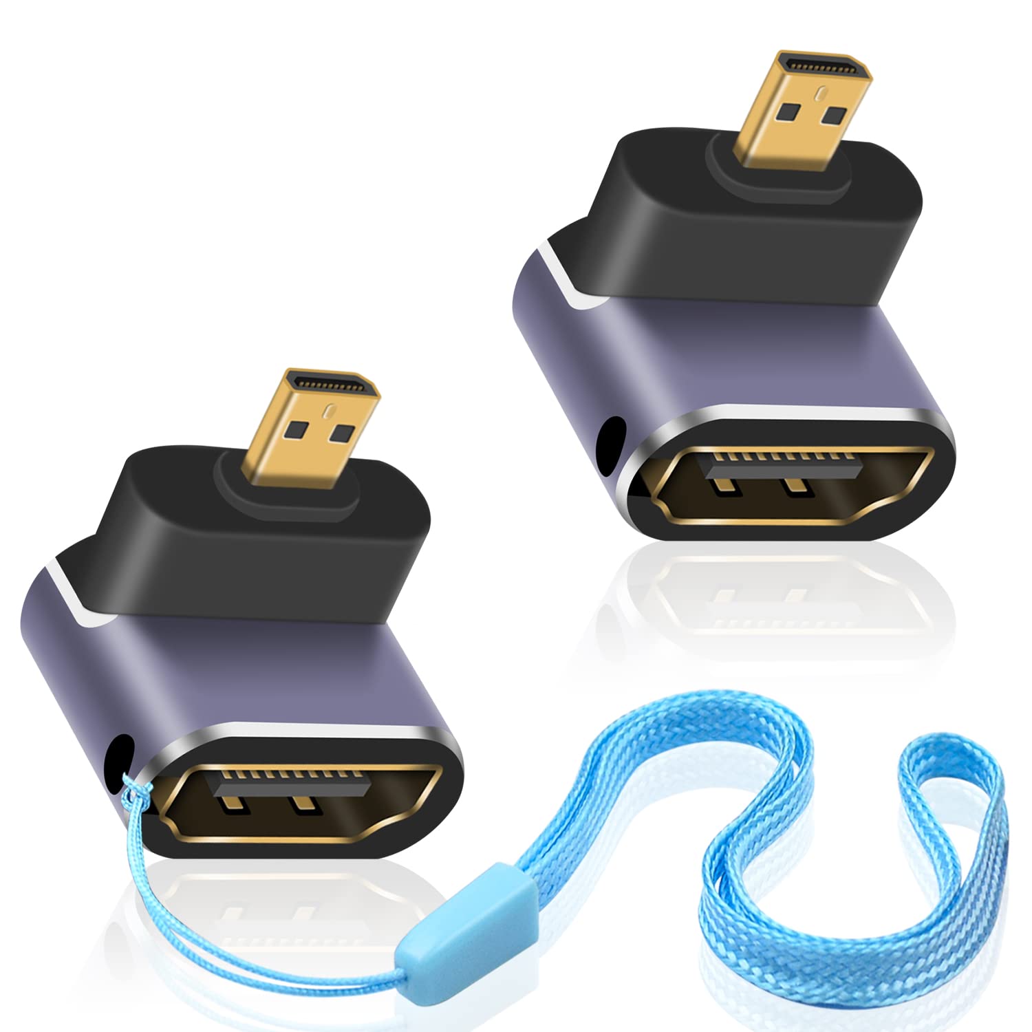 Duttek 8K 90 Degree Micro HDMI to HDMI Adapter, UP Angle, Male to Female Adapter, with LED Light and Perforated Design for Cameras Camcorder (2 Pack) — image 1