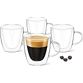 DLux Espresso Coffee Cups 80ml, Double Wall, Clear Glass Set of 4 3oz Glasses with Handles, Insulated Borosilicate Glassware 