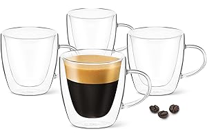 DLux Espresso Coffee Cups 80ml, Double Wall, Clear Glass Set of 4 3oz Glasses with Handles, Insulated Borosilicate Glassware 