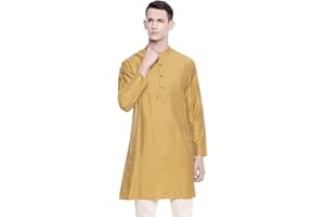 In-Sattva Men's Mandarin Collar Micro Dobby Fine Print Mid-Length Kurta Tunic
