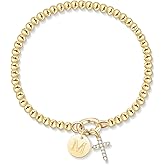 Free bird Gold Cross Bracelet for Women Stretchy Bracelets 14K Gold Charm Monogrammed Bracelet Valentines Day