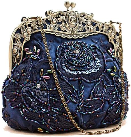 MZZ BEA005 Beaded Bridal Satin Handbag Fashion evening Purse Wedding Prom Clutch W Chain (blue green)