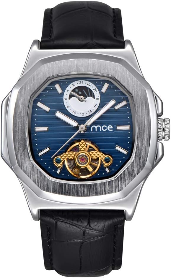 24hr Moon Phase Tourbillon Hollow Square Dial Multifunction Automatic Mechanical Wrist Watches Leather Strap Luxury Men Adults Watches, Blue