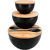 ECOWAY Salad Bowls Set of 3 with Lid & Serving Utensils, Bamboo Fiber Mixing Bowls Set Large Serving Bowls & Storage Set with Bamboo Lid for Salad, Kitchen Eating, Pasta, Popcorn, Chips, Fruit, Black