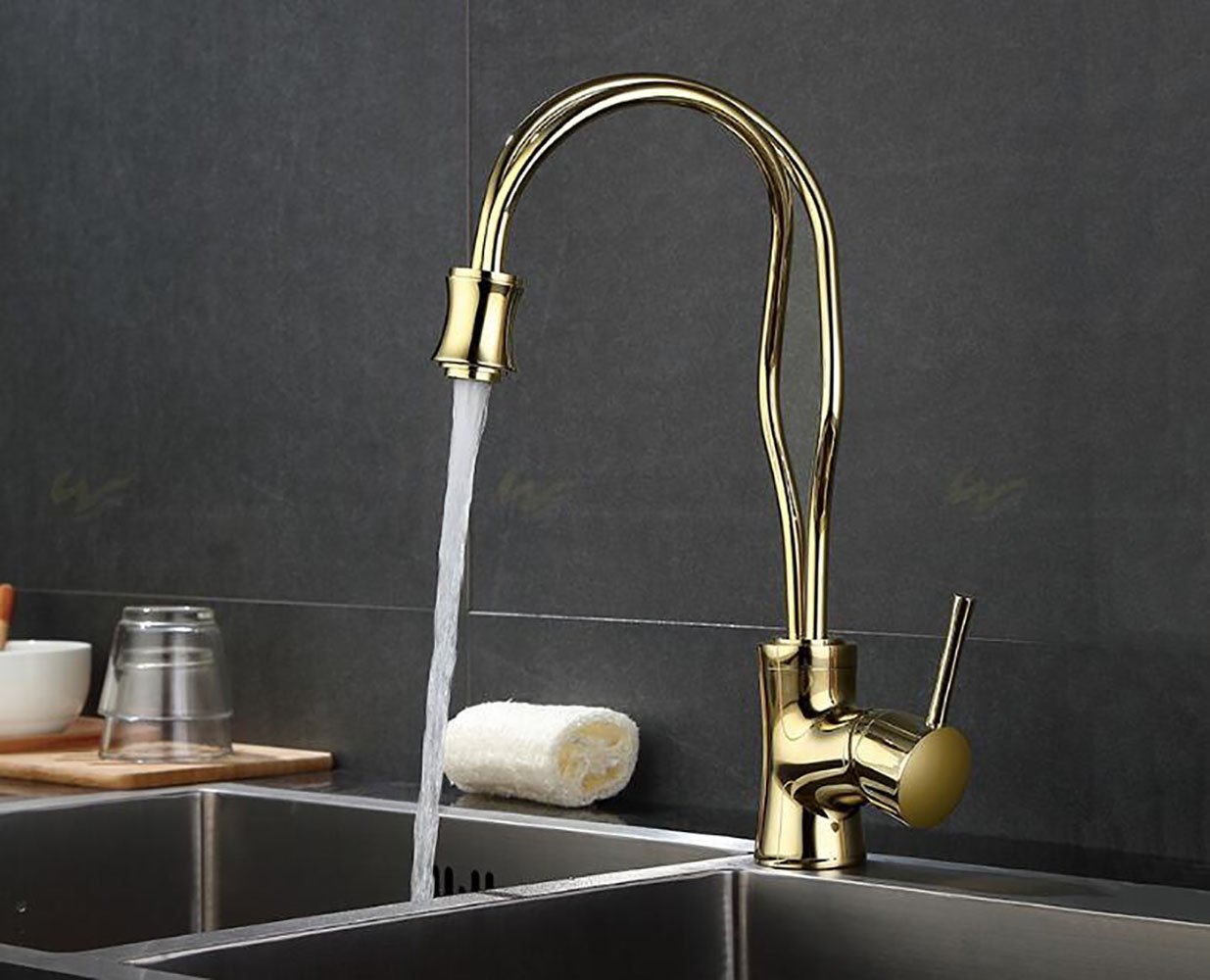 GJX Doble Tubo de Cocina Grifo latón chapados en Oro Grifo abatible