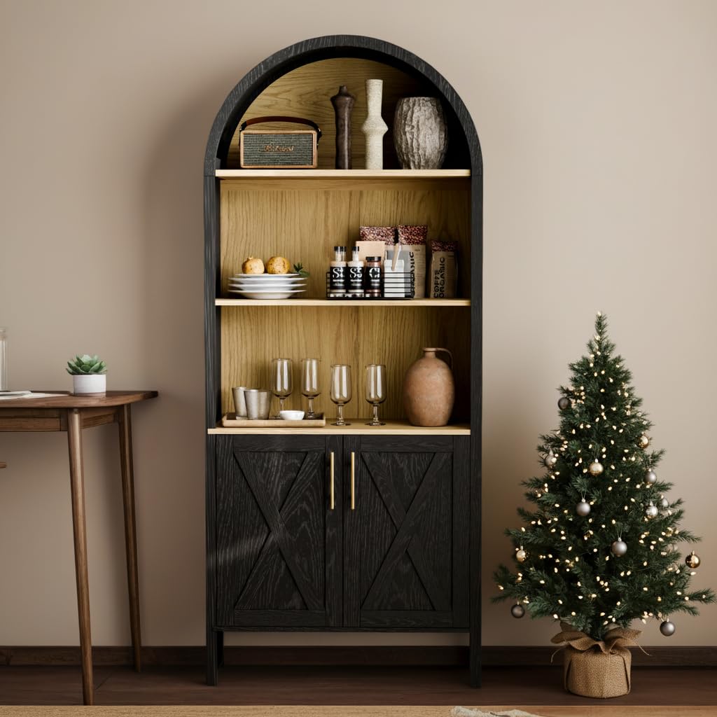 Photo 1 of ***FINAL SALE/NO RETURN, VIEW NOTES*** infurnic Arch Storage Cabinet with Beech-Wooden Door, 60” Cute Arched Display Cabinet, 4 Tier Farmhouse Buffet Cabinets with Storage for Dining Room, Living Room, Home Office or Kitchen (Black)