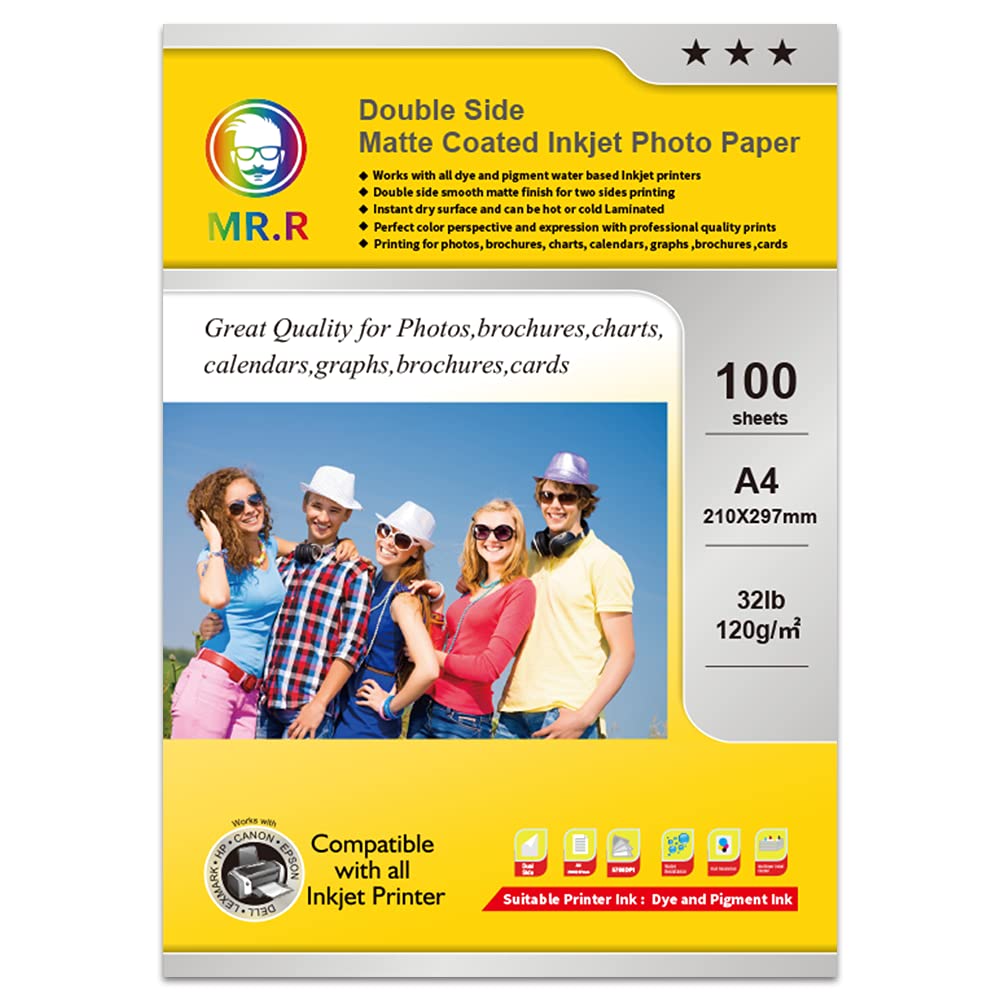 MR.R Double Side Matte Coated Inkjet Photo Paper 120gsm,A4 210x297mm Pack of 100 Sheets