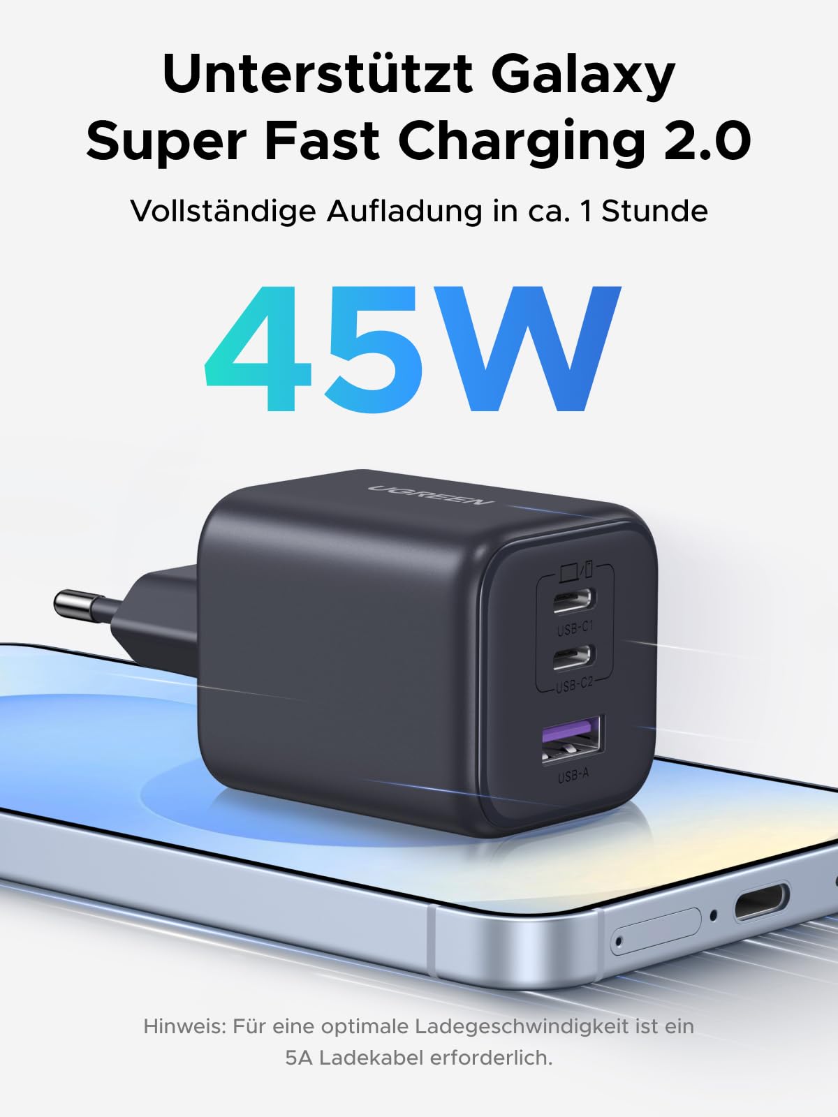 UGREEN 45W USB C Ladegerät 3-Port PPS Schnellladegerät 30W PD Netzteil GaN Charger Adapter kompatibel mit Galaxy S25 Ultra, S24, iPhone 17 Pro Max, MacBook Air, iPad, Tab A8, Pixel 9, HomePod 2