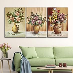 3 Panel Canvas Wall Art - Vintage Style Flowers in Vases - Giclee Print Gallery Wrap Modern Home Art Ready to Hang - 16"x24" x 3 Panels