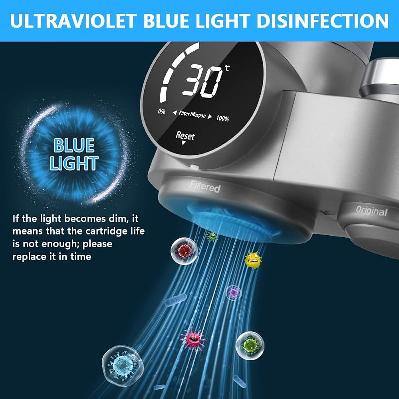 Filtro Acqua Rubinetto, UV luce Blu Filtro Casa Cucina, Sistema di Filtrazione Dell'acqua, Anticalcare Rubinetto, Riduce Sabbia, Cloro e Cattivo Gusto - Display Contalitri Digitale — foto 5 di 7