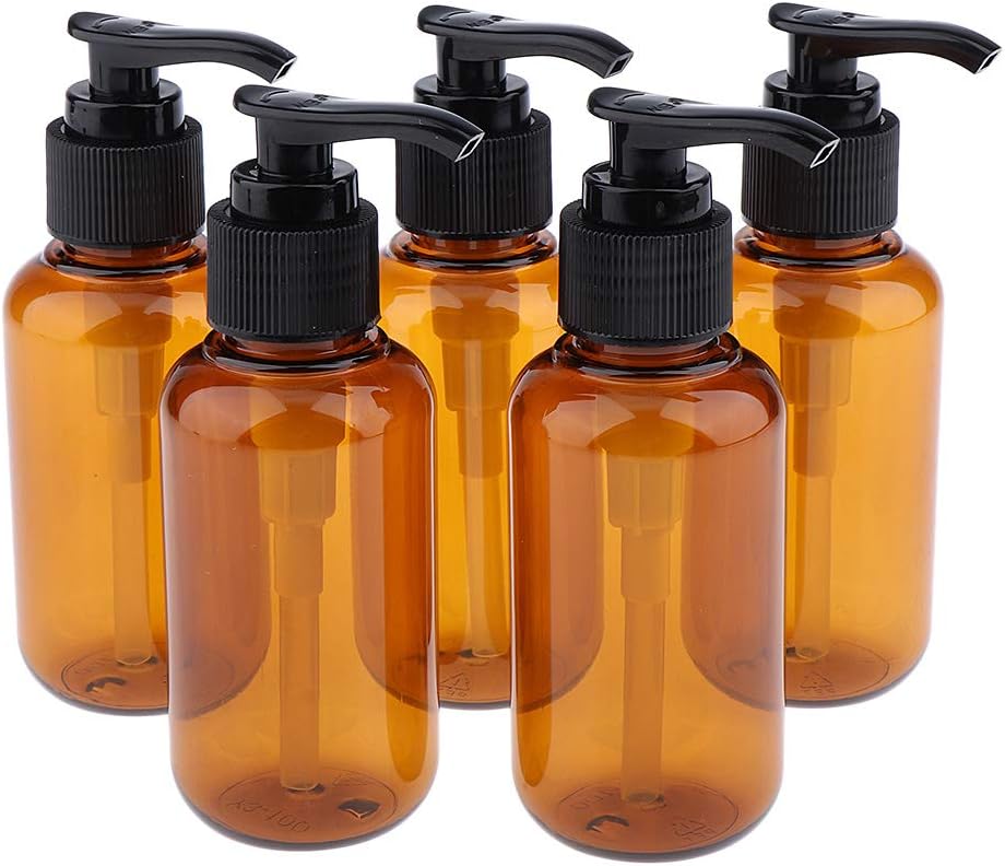 LEIPUPA 5 Pack Refillable Amber PET Plastic Pump Bottles with Patented Screw On Funnel-Great for Dispensing Lotions, Shampoos - 100ml